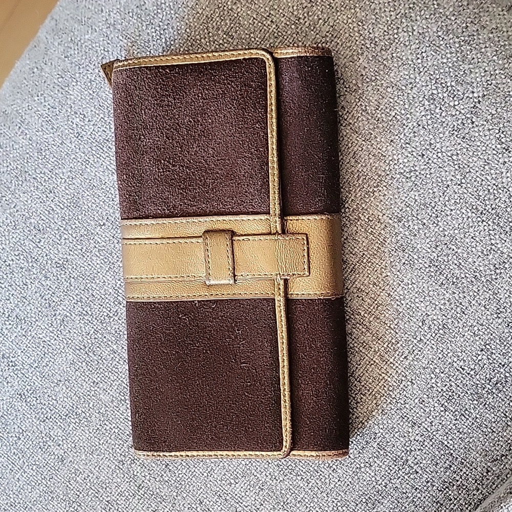 Vintage Danier Genuine Chocolate Brown Suede & Gold Leather Trifold Wallet